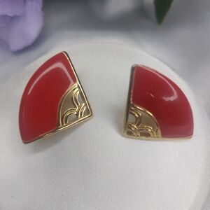 Vintage Clip On Earrings Gold Tone Orange Enamel Fan Shape
